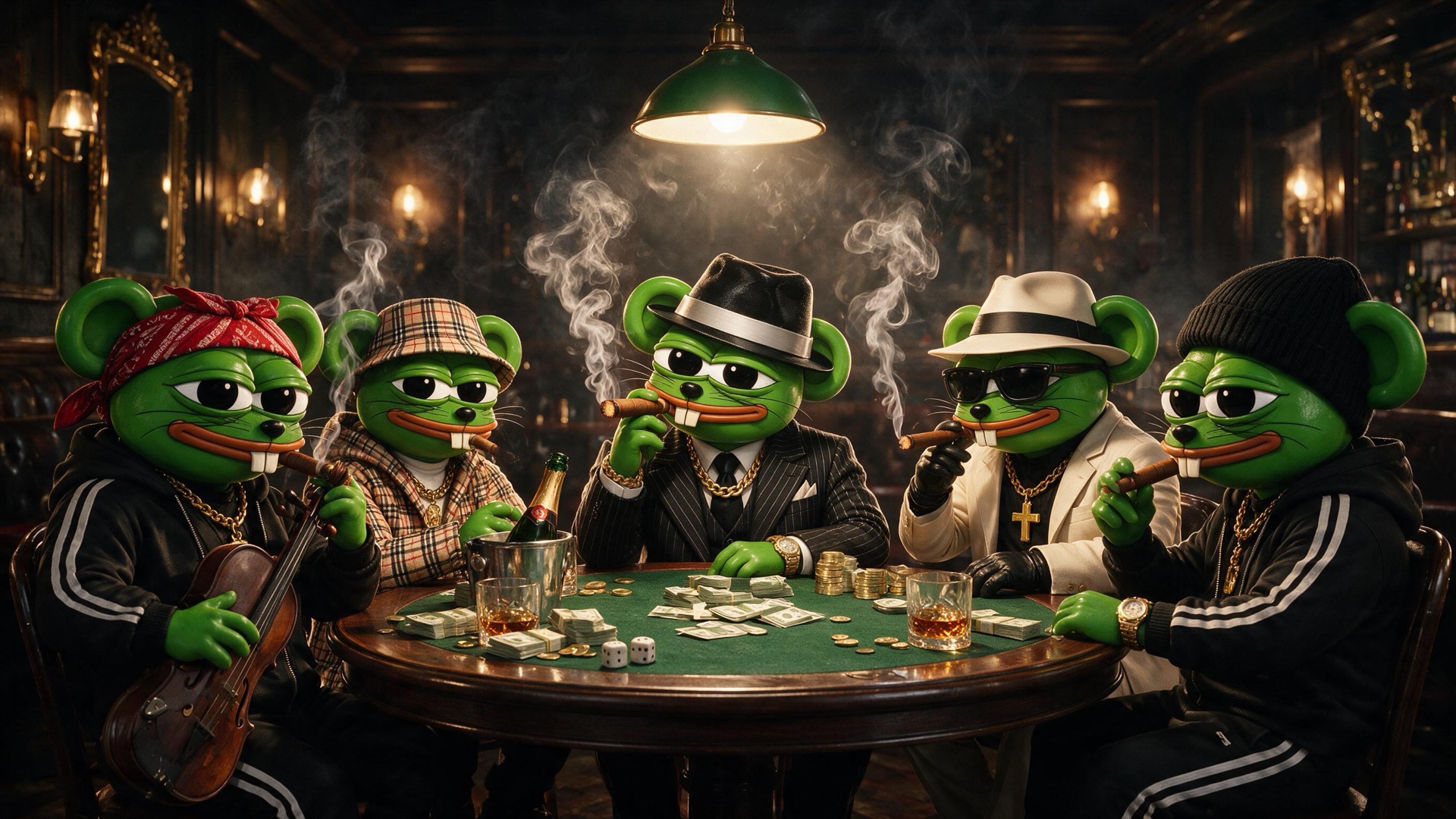 The crew plotting around a card table in a speakeasy